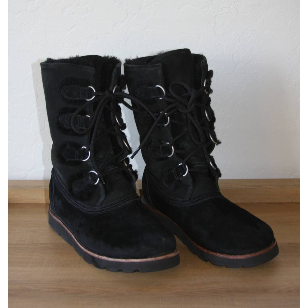 Ugg Black Lace-Up Braided Back Shearling Lined Winter Boots Size 8